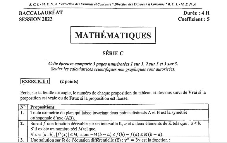 EPREUVE ET CORRIGE BAC 2022 MATHEMATIQUES SERIE C COTE D'IVOIRE