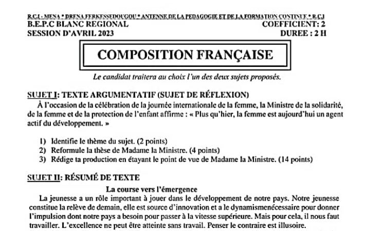 SUJET BEPC BLANC 2023 COMPOSITION FRANCAISE REGIONAL COTE D'IVOIRE